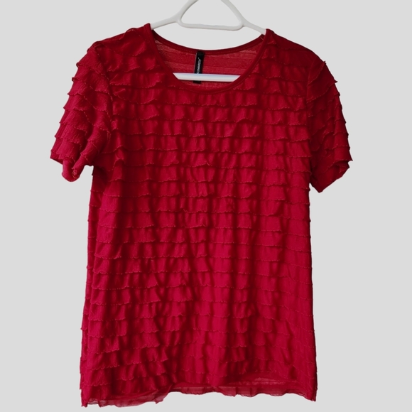 NWOT jason maxwell Stretchy Burgundy Red Ruffle Short Sleeve Blouse Size M Petit - Picture 5 of 11